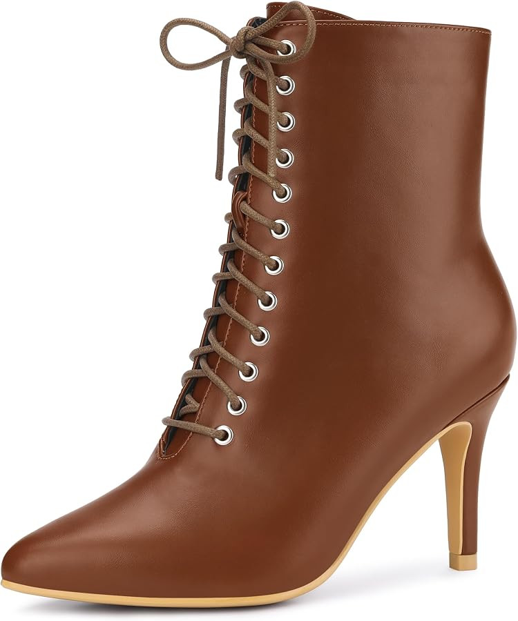 Allegra K Women's Pointy Toe Lace Up Stiletto Heel Ankle Boots | Amazon (US)