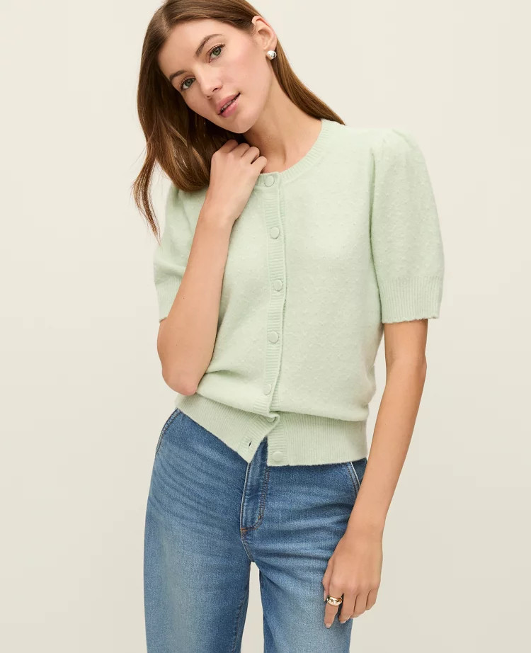Weekend Pointelle Crew Neck Cardigan | Ann Taylor