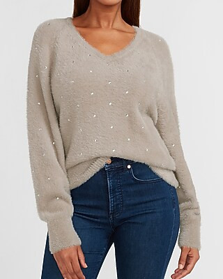 Cozy Faux Fur Embellished V-Neck Sweater | Express