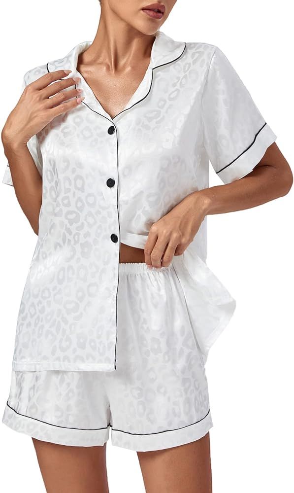 Vrtige Women's Silk Satin Pajamas Leopard Print Button Down Short Sleeve and Shorts Pj Sets | Amazon (US)