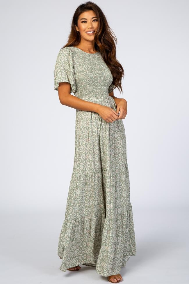Light Olive Floral Smocked Front Pleated Hem Maxi Dress | PinkBlush Maternity