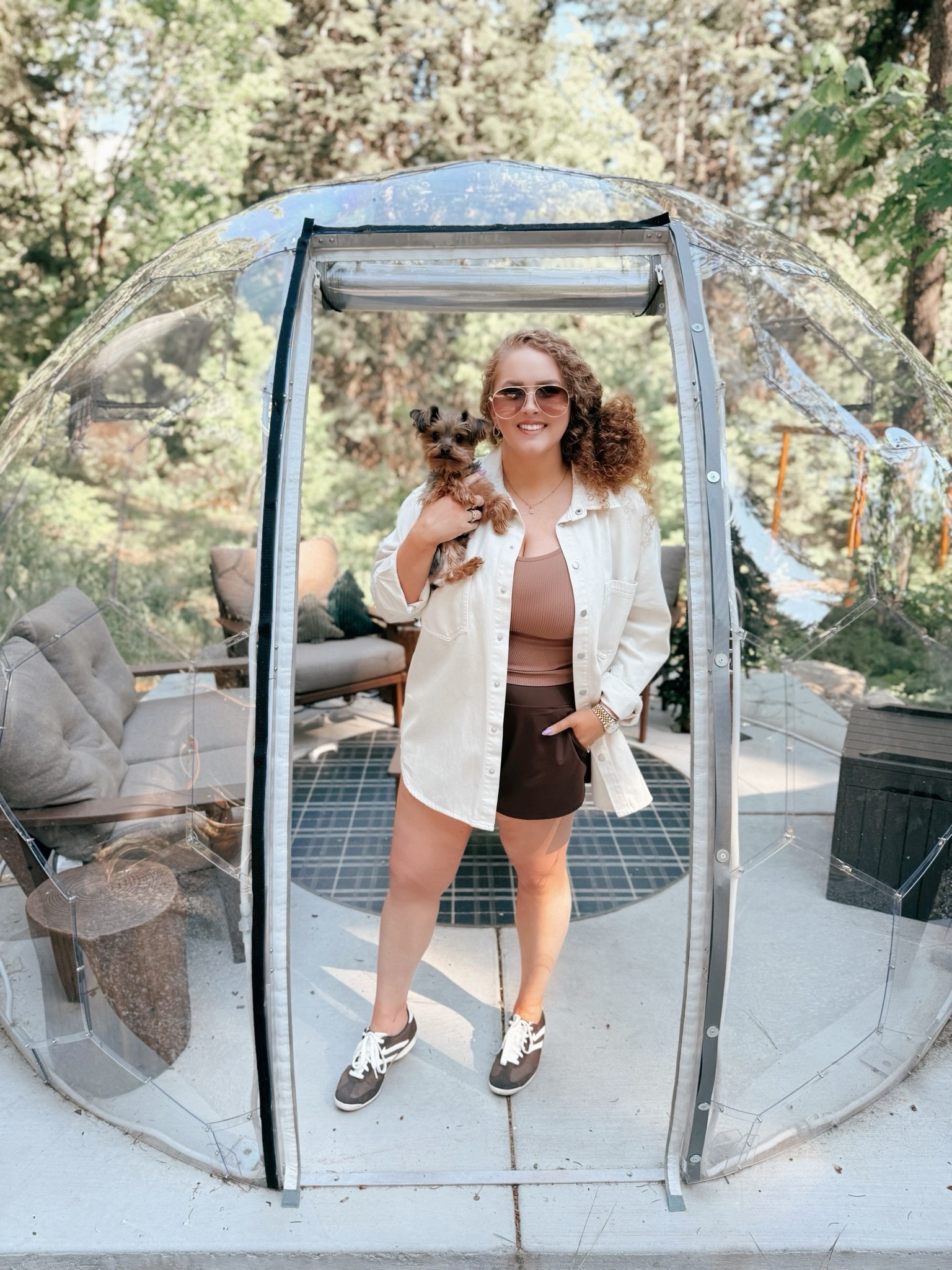 Back at the geodome with my little shadow 🐶🤎 Slow cozy moments, warm tones, and just soaking up this peaceful little stay with Beau by my side ✨ geodome stay outfit | brown athletic shorts outfit | brown tank top outfit | white denim shacket outfit | neutral athleisure style | cozy vacation outfit | dog mom aesthetic | travel outfit inspo | earth tone outfit | comfy cute outfit | mountain getaway style | cabin stay outfit | casual summer look | amazon fashion finds | laid back travel style | cozy neutral outfit | rv travel style | boho casual outfit | weekend getaway outfit | relaxed athleisure look 🐾

#LTKootd #LTKTravel #LTKMidsize