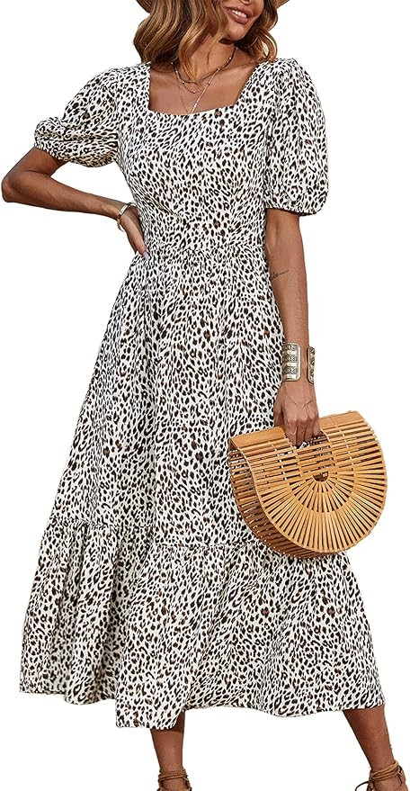 PRETTYGARDEN Women's Bohemian Dress Leopard Tie-Back Square Neck Puff Sleeve Ruffled Hem Summer M... | Amazon (US)