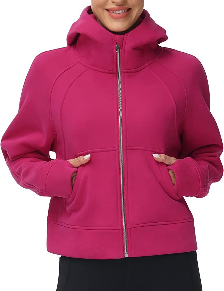 Women's Full-Zip Up Hoodies Jacket Fleece Workout Crop Tops Sweatshirts with Pockets Thumb Hole | Amazon (US)