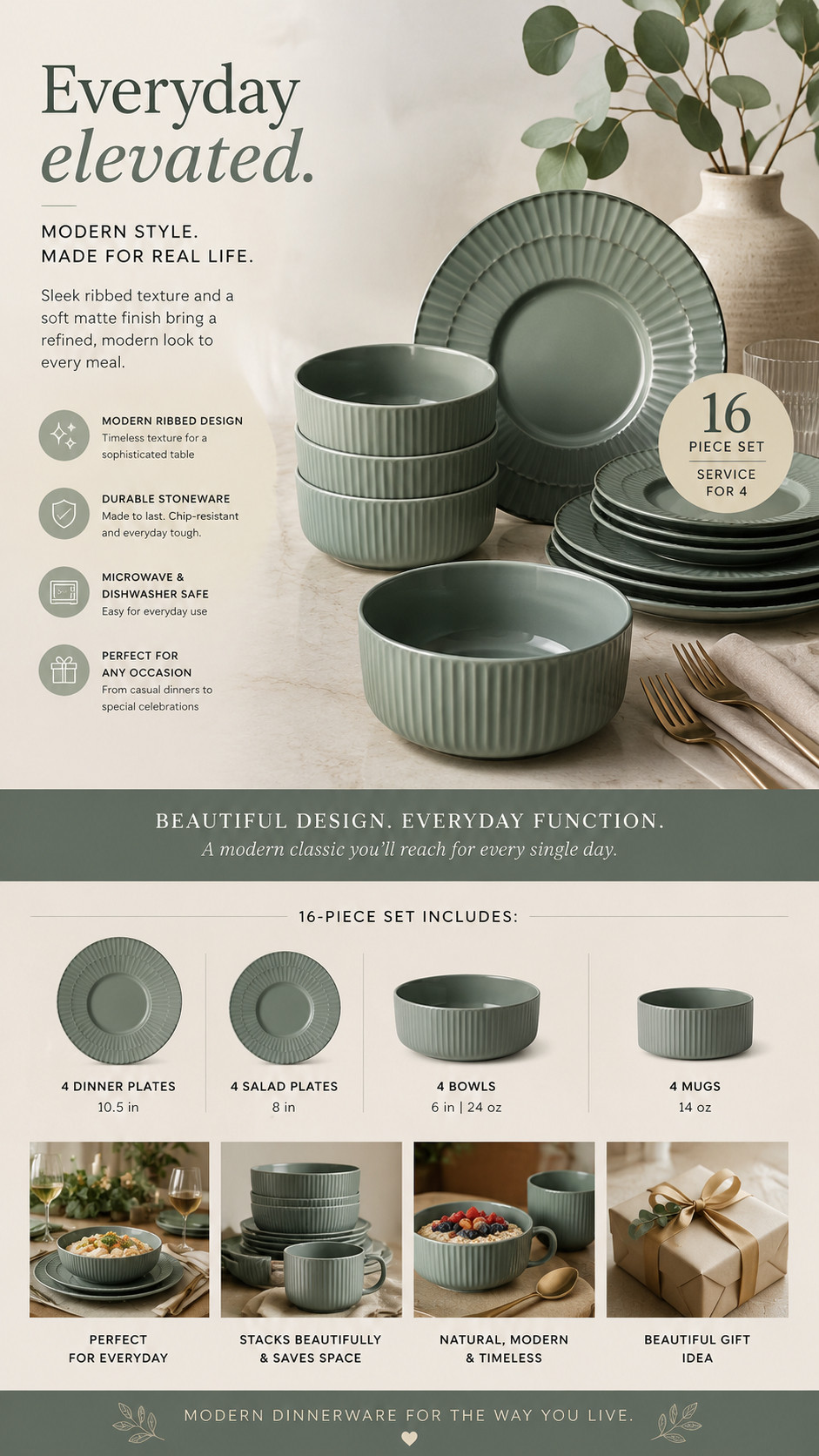 Christian Siriano Lusso dinnerware set in Stone — soft green, modern, and effortlessly elevated 🌿

This 16-piece stoneware set has a beautiful ribbed texture and a muted sage-green tone that feels calm, stylish, and designer-inspired. It’s perfect for creating a modern organic table setting — fresh enough for everyday meals, but elegant enough for brunches, dinner parties, and cozy hosting.

Includes service for 4:
4 dinner plates
4 salad plates
4 bowls
4 mugs

The color works beautifully with linen napkins, gold flatware, wood accents, greenery, candles, and neutral interiors. A perfect set if you love earthy tones, modern organic style, and tableware that looks curated instead of basic.

#dinnerware #tablescape #homedecor #kitchenfinds #LTKhome 

 #LTKfoodie #LTKHome