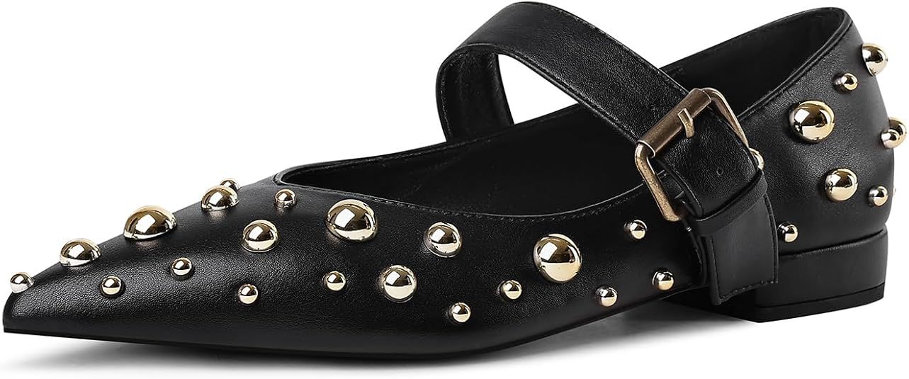 Women's Rivet Flats Pointed Toe Mary Jane Flat Shoes | Amazon (US)