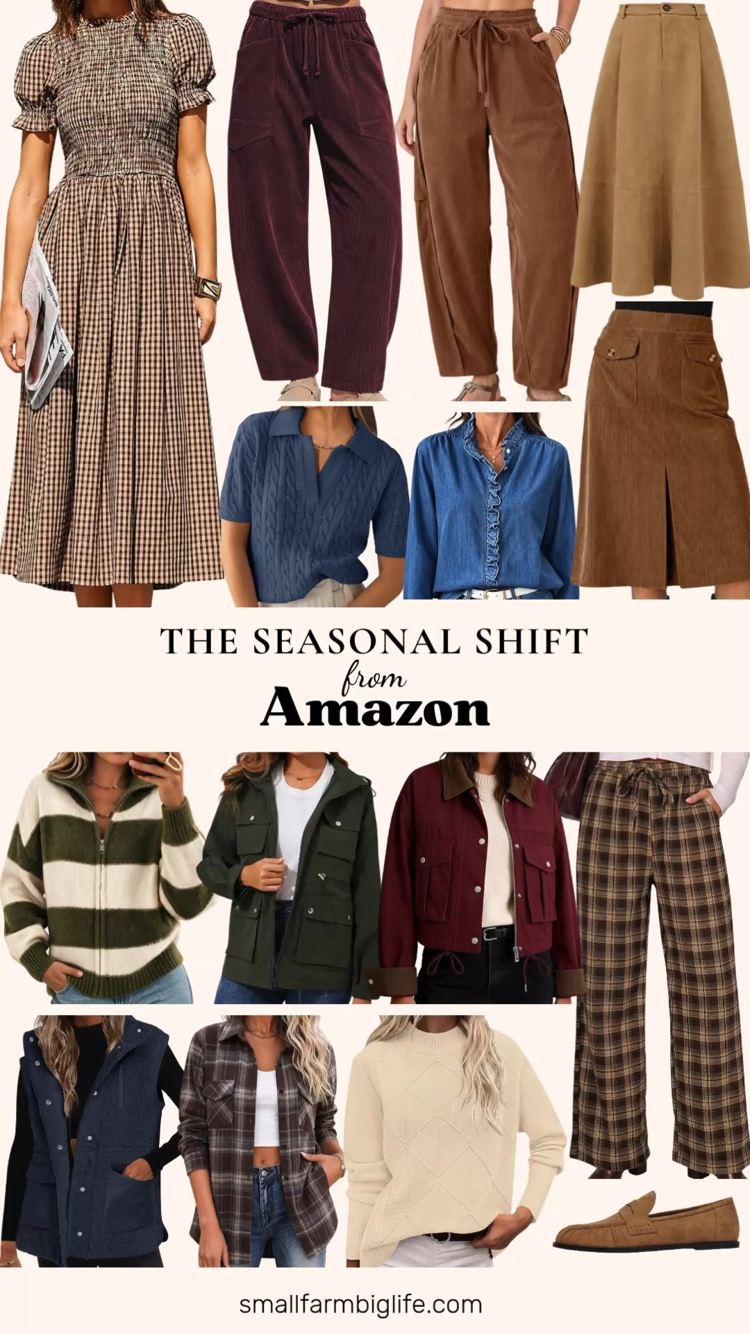 This seasonal shift collection is packed with easy layers to transition your wardrobe into fall. The Cicy Bell army green and cream striped color block cardigan is a great lightweight outerwear piece, while the wine red cropped barn jacket with a contrast collar and the army green packable utility raincoat both bring function and style for outdoor days.

On the bottom half, corduroy is everywhere this season. The burgundy TARSE barrel corduroy pants and the coffee brown Dokotoo drawstring corduroy pants both bring a relaxed, comfortable fit, while the camel suede midi skirt and the brown corduroy front slit midi skirt from Cicy Bell offer a polished alternative to trousers. The brown and khaki plaid GRAPENT wide leg pants round out the pant options with a classic tartan pattern.

For tops, the dusty blue ANRABESS cable knit polo sweater and the cream LOMON mock neck sweater both bring a soft, versatile knit for layering, while the medium blue ruffle denim shacket and the chocolate brown, dusty blue, and cream flannel shacket are perfect for that in between weather. The dark navy ANRABESS sherpa fleece vest adds a cozy final layer for cooler days.

Finish the transition with the brown and cream plaid gingham midi dress for an easy, feminine option on warmer fall days.

#amazonfashion #fallfashion #falloutfits #seasonaltransition #amazonfinds 

 #LTKootd #LTKOver40 #LTKWorkwear