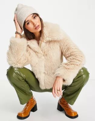 Topshop short fur coat in cream | ASOS (Global)