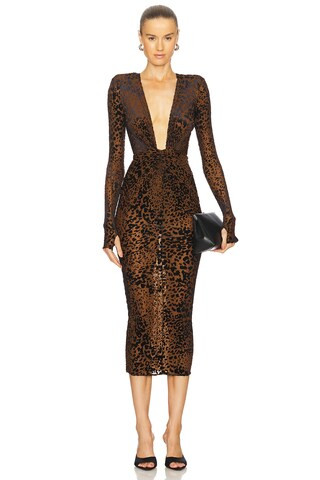 Alex Perry Leopard Burnout Plunging Mesh Midi Dress in Tobacco from Revolve.com | Revolve Clothing (Global)