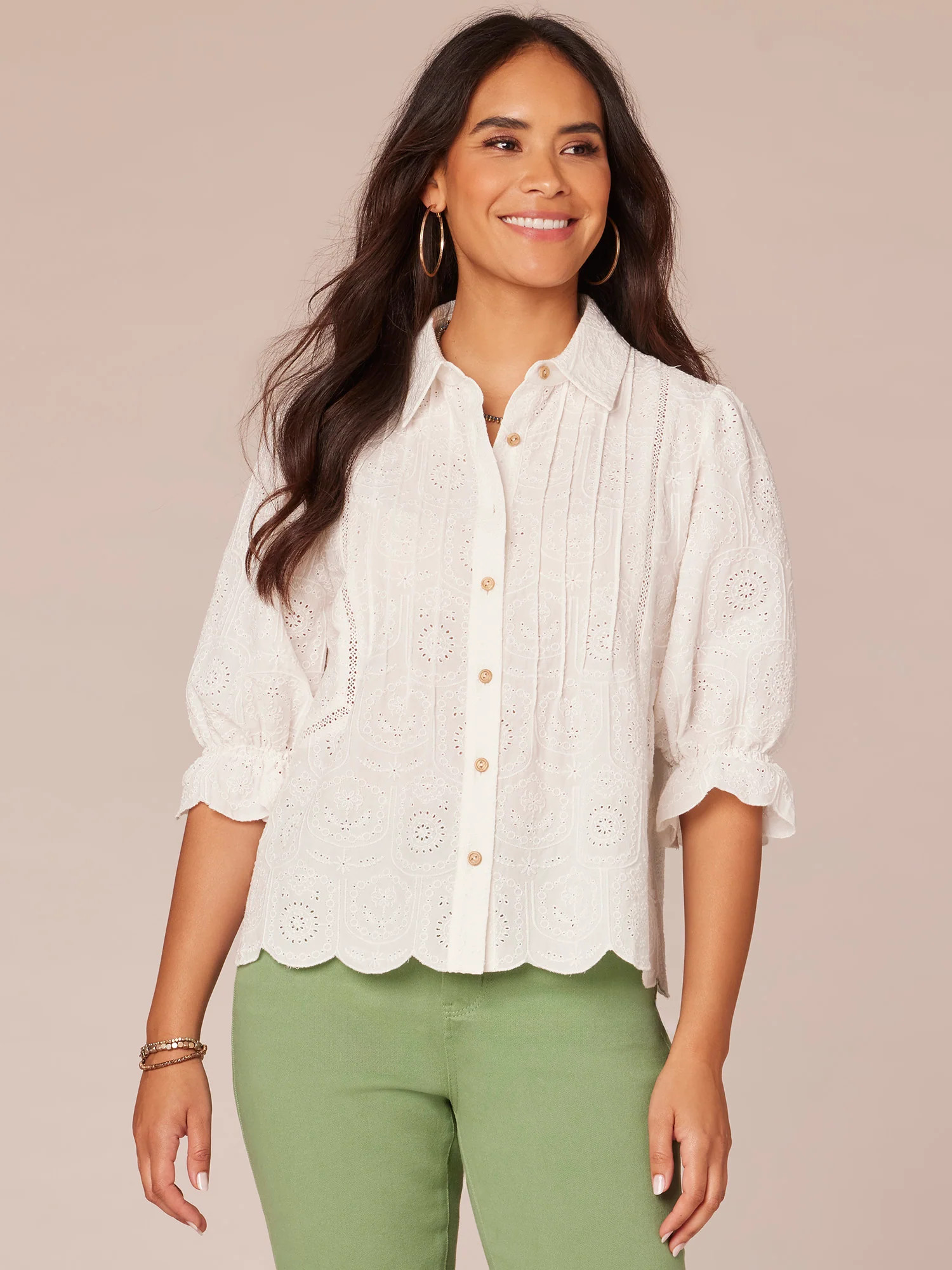 Three Quarter Blouson Sleeve Button Down Crochet Inset Woven Top | Democracy Clothing