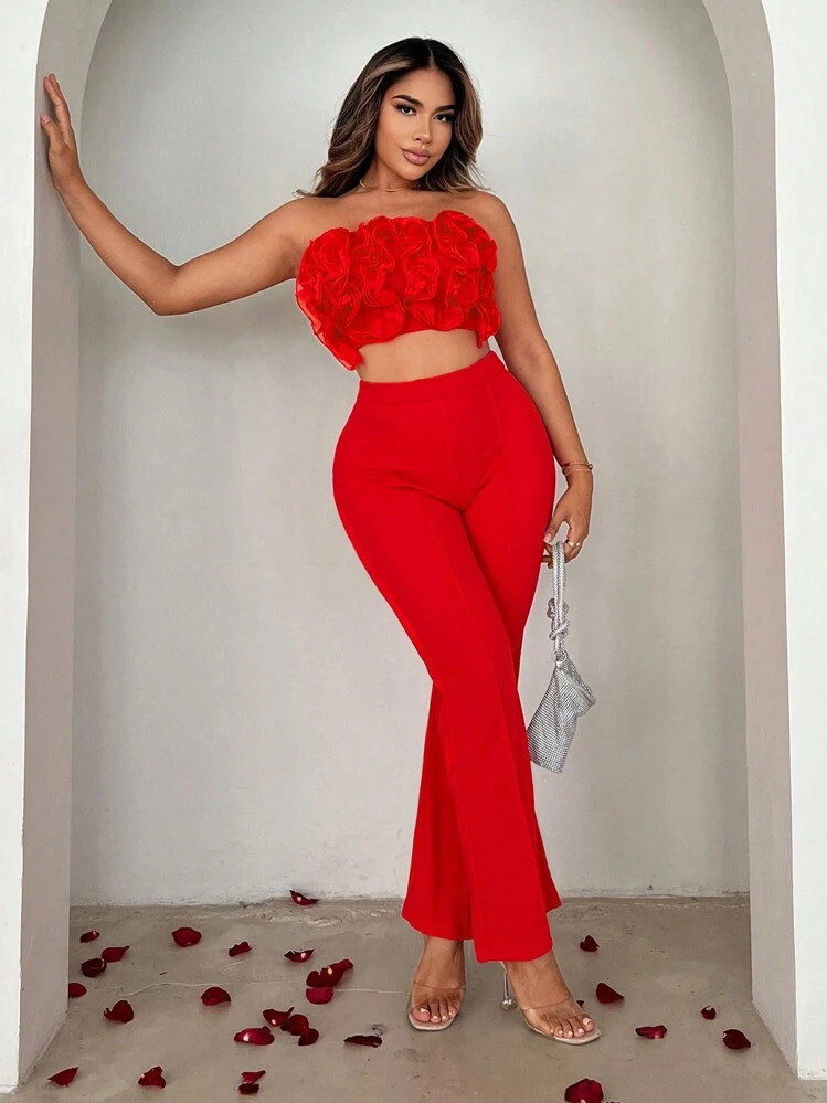 SHEIN SXY Women Pleated Ruffle Off-Shoulder Red/Pink Top & Flare Pants With Frill Trim Valentine ... | SHEIN