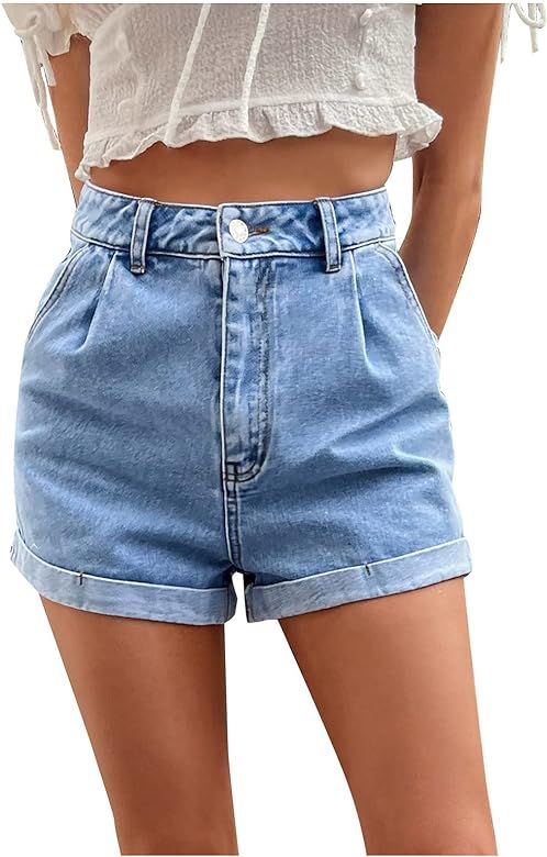 Womens Juniors Vintage Denim High Waisted Folded Hem Jeans Shorts | Amazon (US)