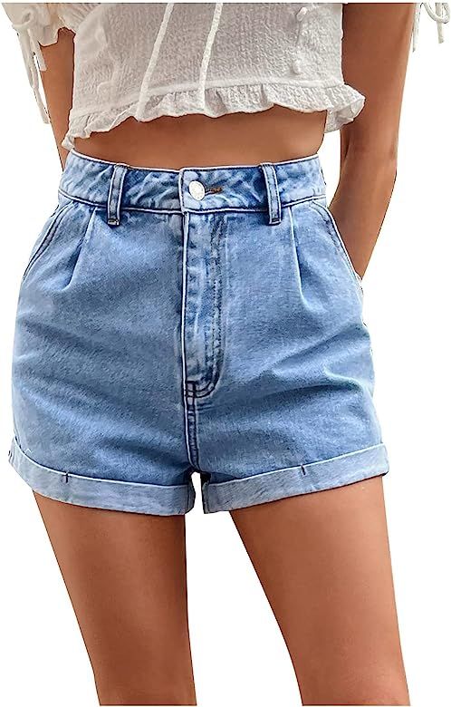 Womens Juniors Vintage Denim High Waisted Folded Hem Jeans Shorts | Amazon (US)