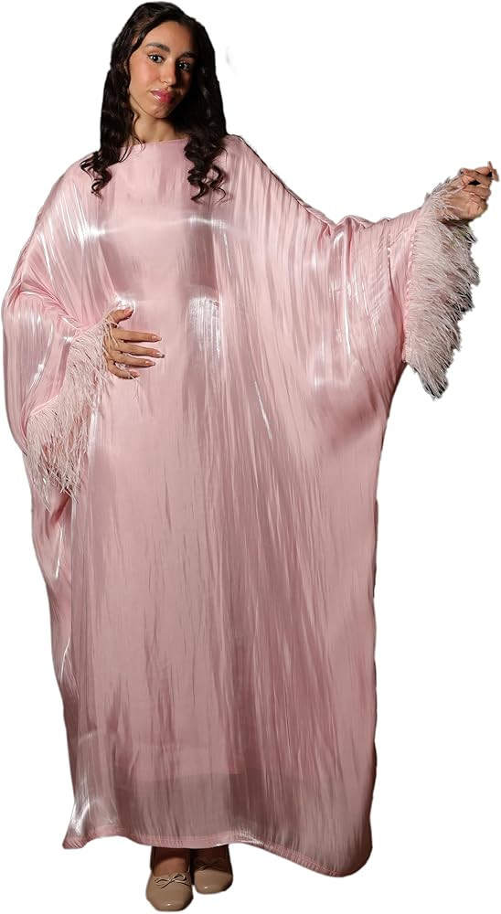 Women’s Pink Feather Abaya Modest Evening Dress Lightweight Flowing Kaftan with Feather Trim Sl... | Amazon (US)