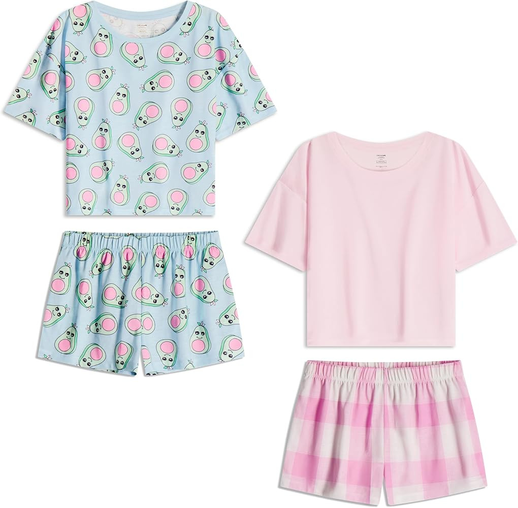 Girls Pajamas Sets- 4-Piece Cute Short Sleeve & Shorts PJ Set, Pink Girls’ Sleepwear, Kids Paja... | Amazon (US)