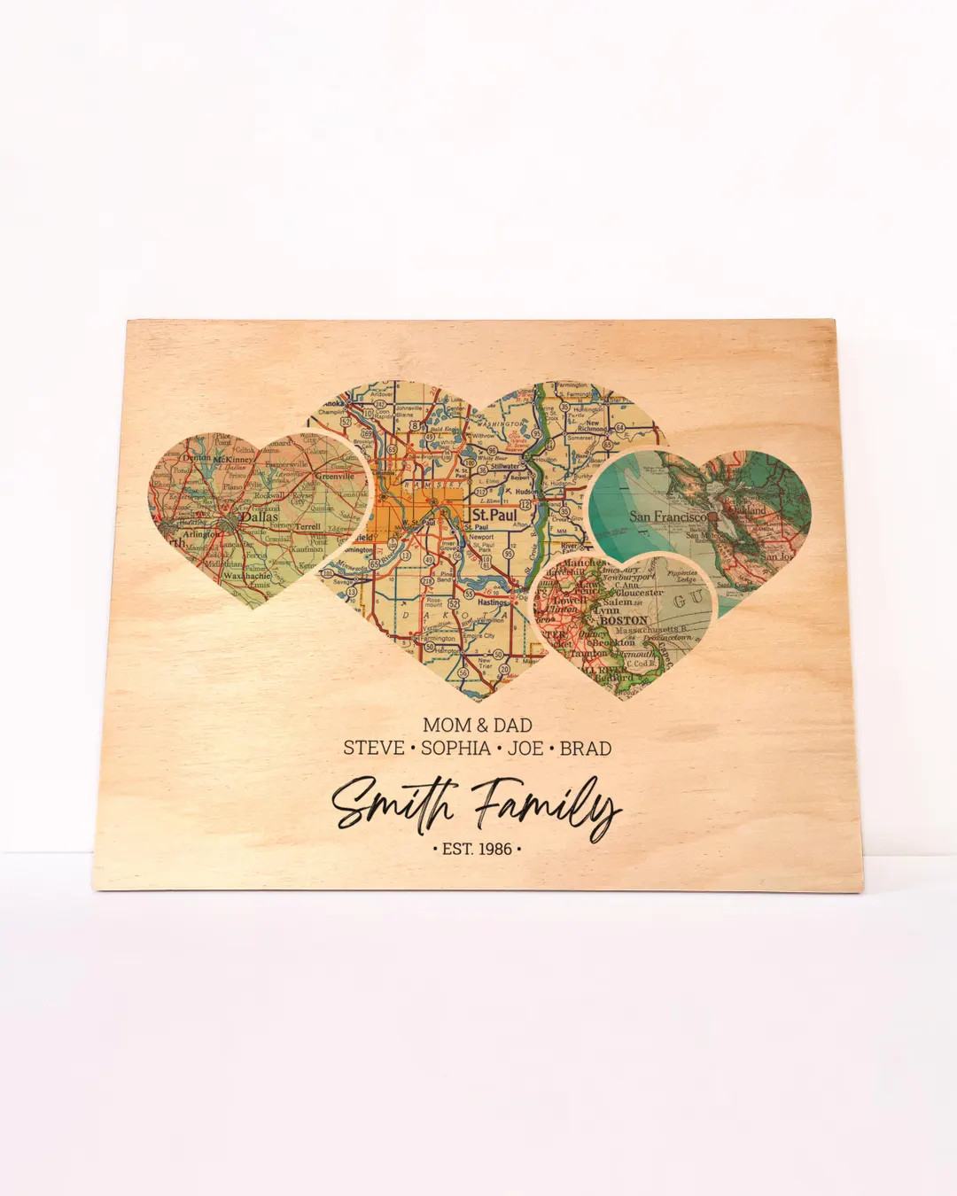 Personalized Family Gift for Christmas, Heart Maps on Birch Wood, Family Name Sign, Long Distance... | Etsy (US)