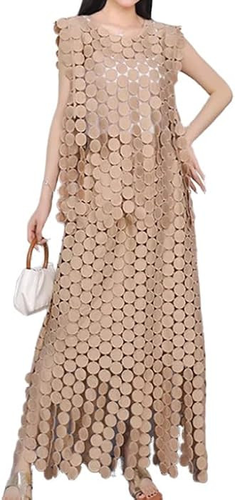 Women's Summer Vacation Casual Sleeveless Tops Hollow Out Maxi Skirt 2 Pieces Set | Amazon (US)