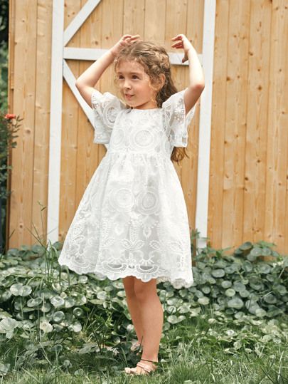 SHEIN Toddler Girls 1PC Flounce Sleeve Embroidery Mesh Overlay Dress | SHEIN
