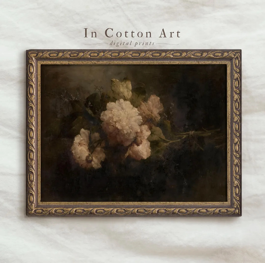 Moody Floral Oil Painting PRINTABLE / Dark Vintage Still Life Print / Antique Peony Bouquet Art P... | Etsy (US)