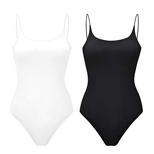 Amilia Women's Basic Casual Camisole Tank Leotard Bodysuit Tops Base Layer Cami Shirts Bodycon Jumpsuit Onesie Romper (Black&White, Large) | Amazon (US)