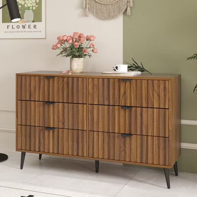 47“ Fluted 6 Drawer Dresser, Modern Dressers for Bedroom, Wood Dresser Organizer Dresser with Blister Drawers,Brown | Target