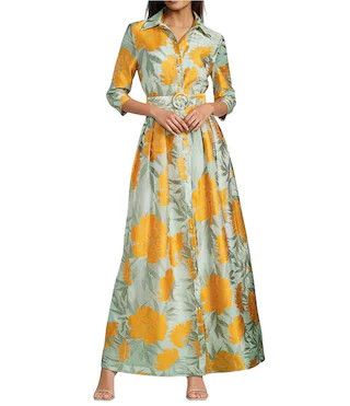 Abbey Glass Ceceilia Organza Floral Print Collared Neckline 3/4 Button Cuff Sleeve A-Line Gown | ... | Dillard's