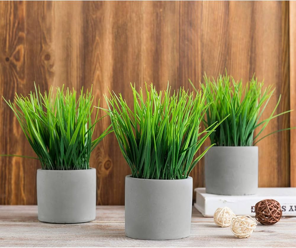 MyGift Tabletop Artificial Faux Grass Plants in Modern Cylindrical Gray Cement Planter Pots, Set ... | Amazon (US)