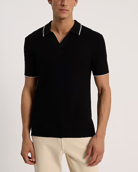 Tipped Johnny Collar Perfect Pima Cotton Sweater Polo | Express