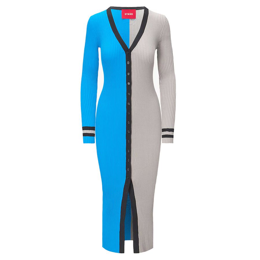 Women's Detroit Lions STAUD Blue/Silver Shoko Knit Button-Up Sweater Dress | NFL Shop