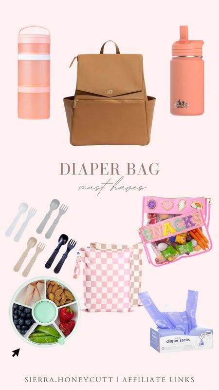 Diaper bag must haves, freshly picked, water bottle, snack container, utensils, wet bags, snack spinner 

#LTKkids #LTKbaby #LTKSeasonal