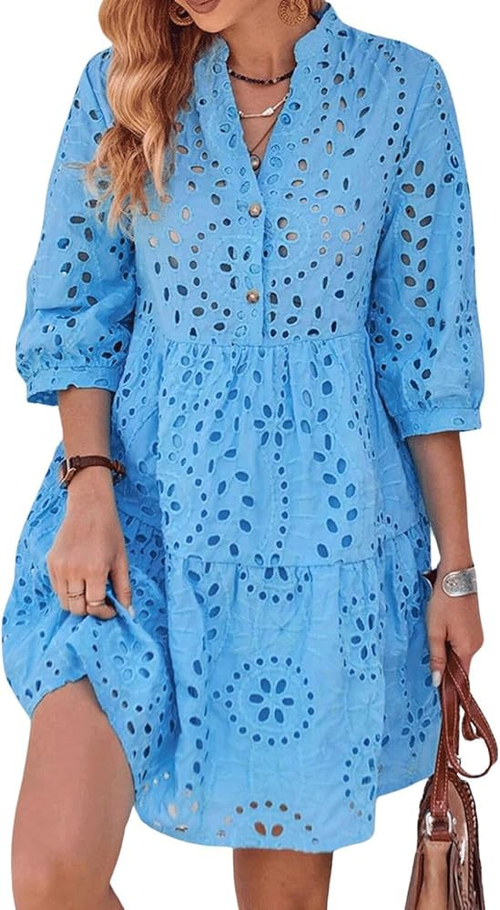 utcoco Women's 2025 Eyelet Lace Midi Dress V Neck Puff 3/4 Sleeve Button Tiered Sexy A Line Sun D... | Amazon (US)