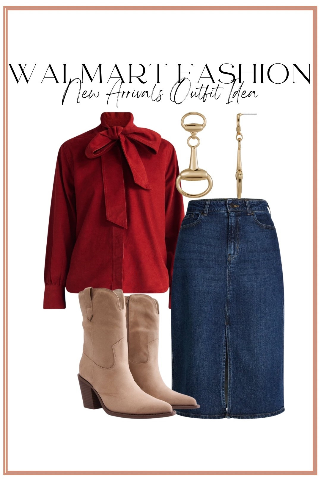 This Walmart outfit is SO good for fall! ❤️ The rich red bow blouse makes such a statement and looks so chic paired with a classic denim midi skirt and neutral western boots. Add the gold equestrian-inspired earrings and you have an easy fall outfit that looks way more expensive than it is. I love finding affordable Walmart fashion pieces that can be mixed, matched and dressed up all season long!

#walmartfashion #walmartfinds #walmartstyle #walmartnewarrivals #fallfashion #falloutfitideas #affordablefashion #affordablestyle #womensfashion #denimskirt #westernstyle #fallstyle

#LTKootd #LTKPetite