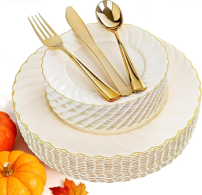 YOUBET 125PCS Scalloped Plastic Plates - Ivory Scalloped Disposable Plates - Gold Plastic Dinnerw... | Amazon (US)