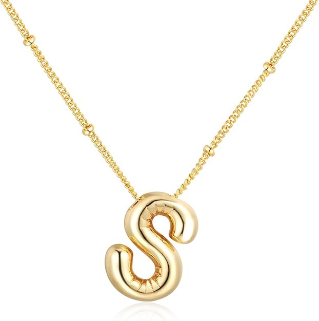 Chunky Bubble Initial Letter Necklace for Women Balloon Statement Dainty Alphabet Pendant 14K Gol... | Amazon (US)
