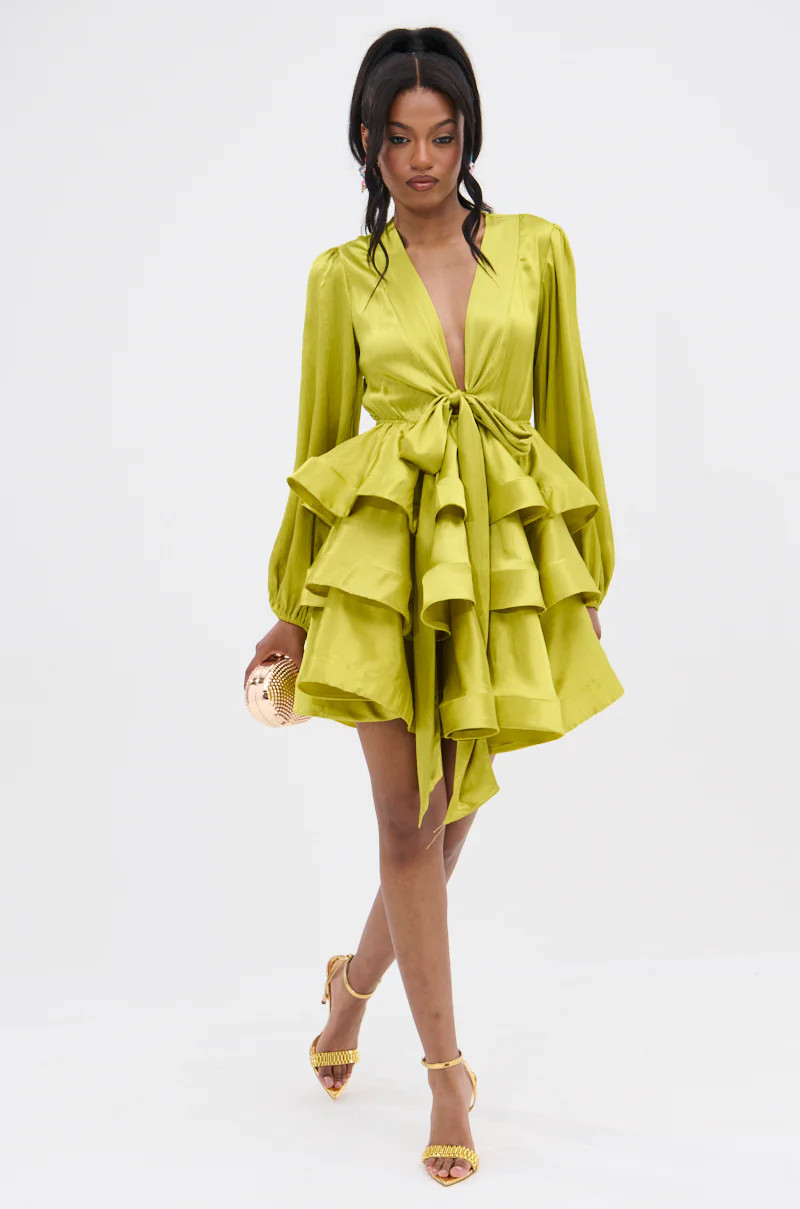 AKIRA Ariana Satin Ruffled Mini Dress | Green | Size XL | AKIRA