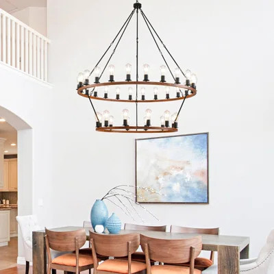 Rustic Farmhouse Wagon Wheel Chandelier - 2-Tier 53-Inch Round Metal Chandelier With Wood-Grain Finish, 36-Light Fixture For Dining Room, Living Room, | Wayfair North America