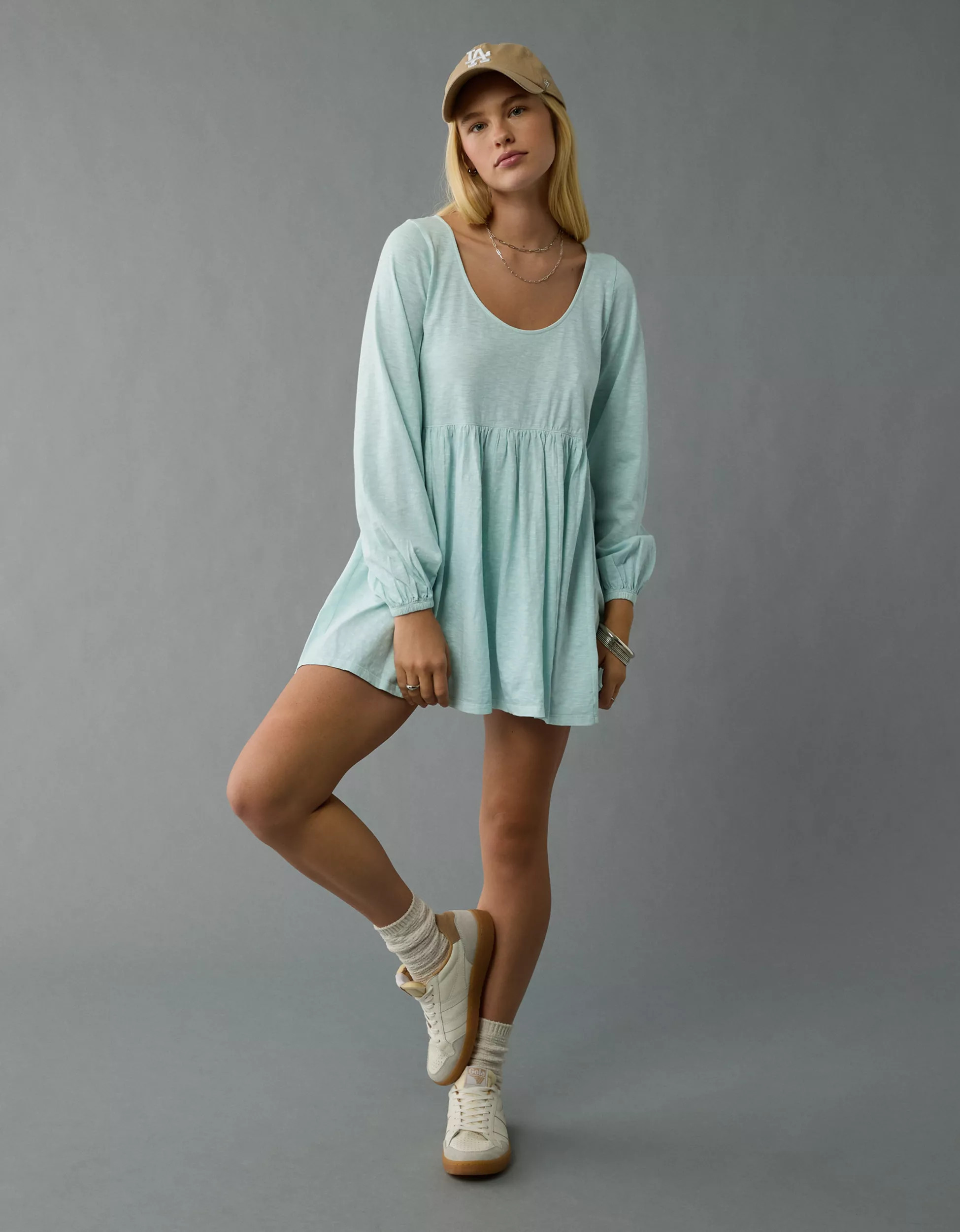 AE Sunchaser Kit Long-Sleeve Scoop Neck Mini Dress | American Eagle Outfitters (US & CA)