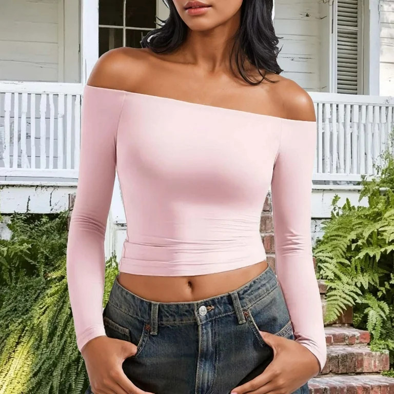 Crop Tops for Women Long Sleeve Off The Shoulder Shirt Going Out Y2k Blouses Slim Fit Sexy Casual... | Walmart (US)