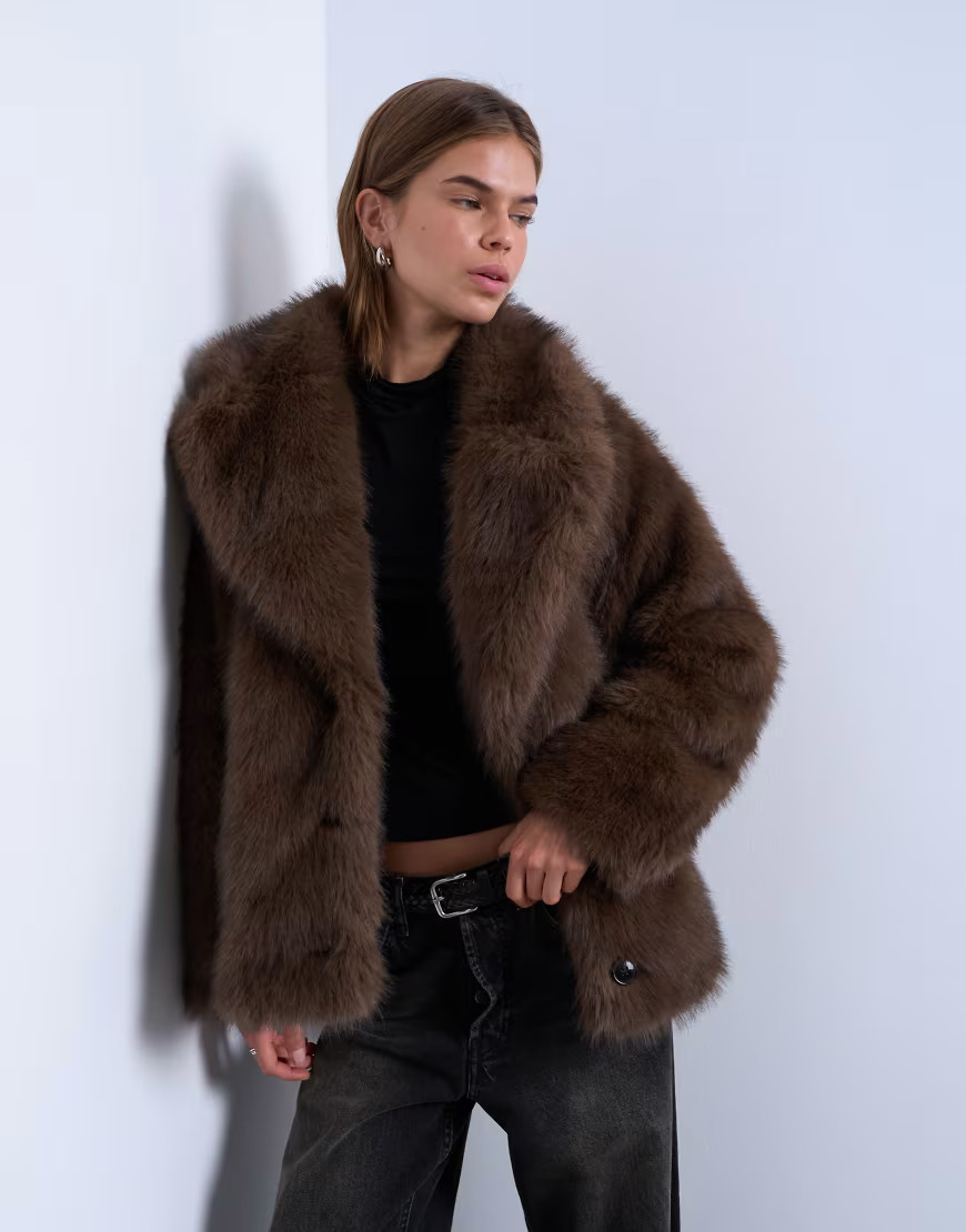 Topshop faux fur short jacket with buttons in chocolate-Brown | ASOS (Global)