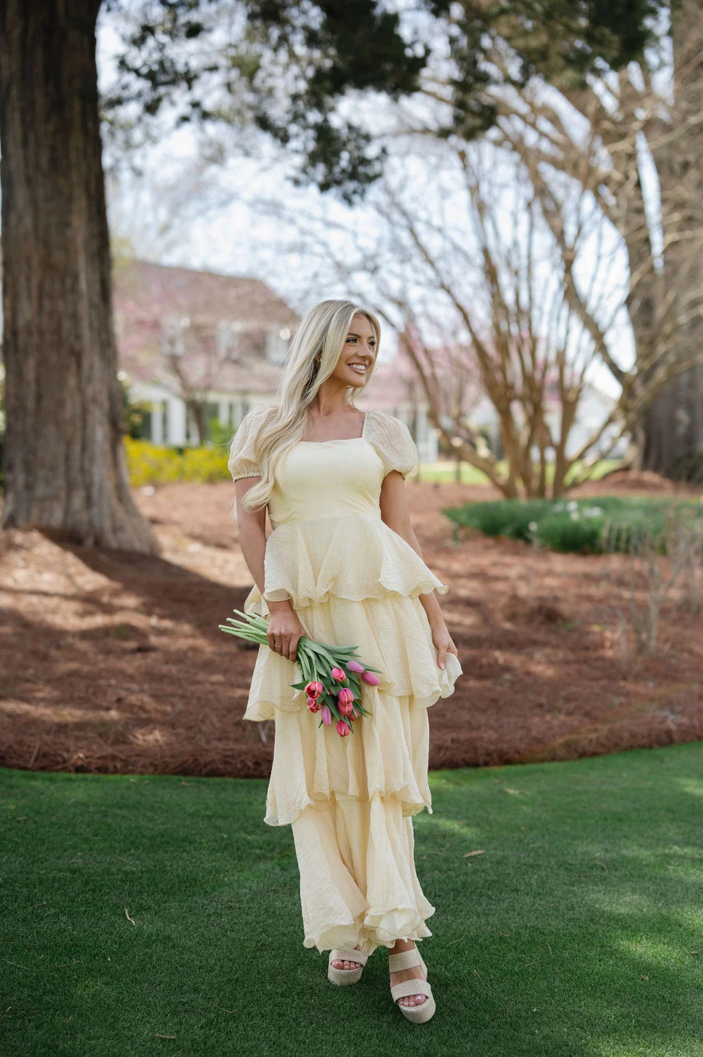 Puff Sleeve Layered Midi Dress-Dusty Lemon | These Three