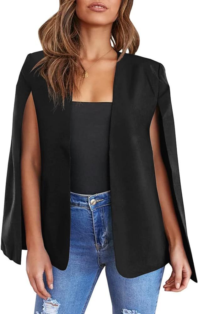 Womens Cape Blazer - Split Sleeve Open Front Casual Jacket Coat Workwear Elegant Formal Cape Coat | Amazon (US)