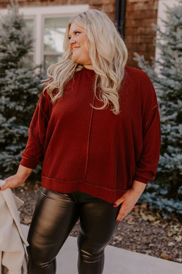 Cozy Little Spot Waffle Knit Top in Dark Rust Curves | Impressions Online Boutique