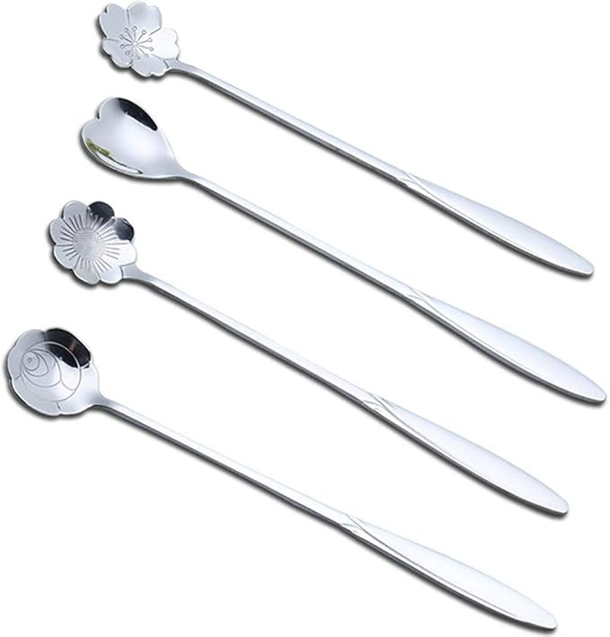 4 Pcs Flower Iced Tea Spoon Set, 18/10 Stainless Steel Rose Heart Cosmos Shape Coffee Sugar Stirr... | Amazon (US)