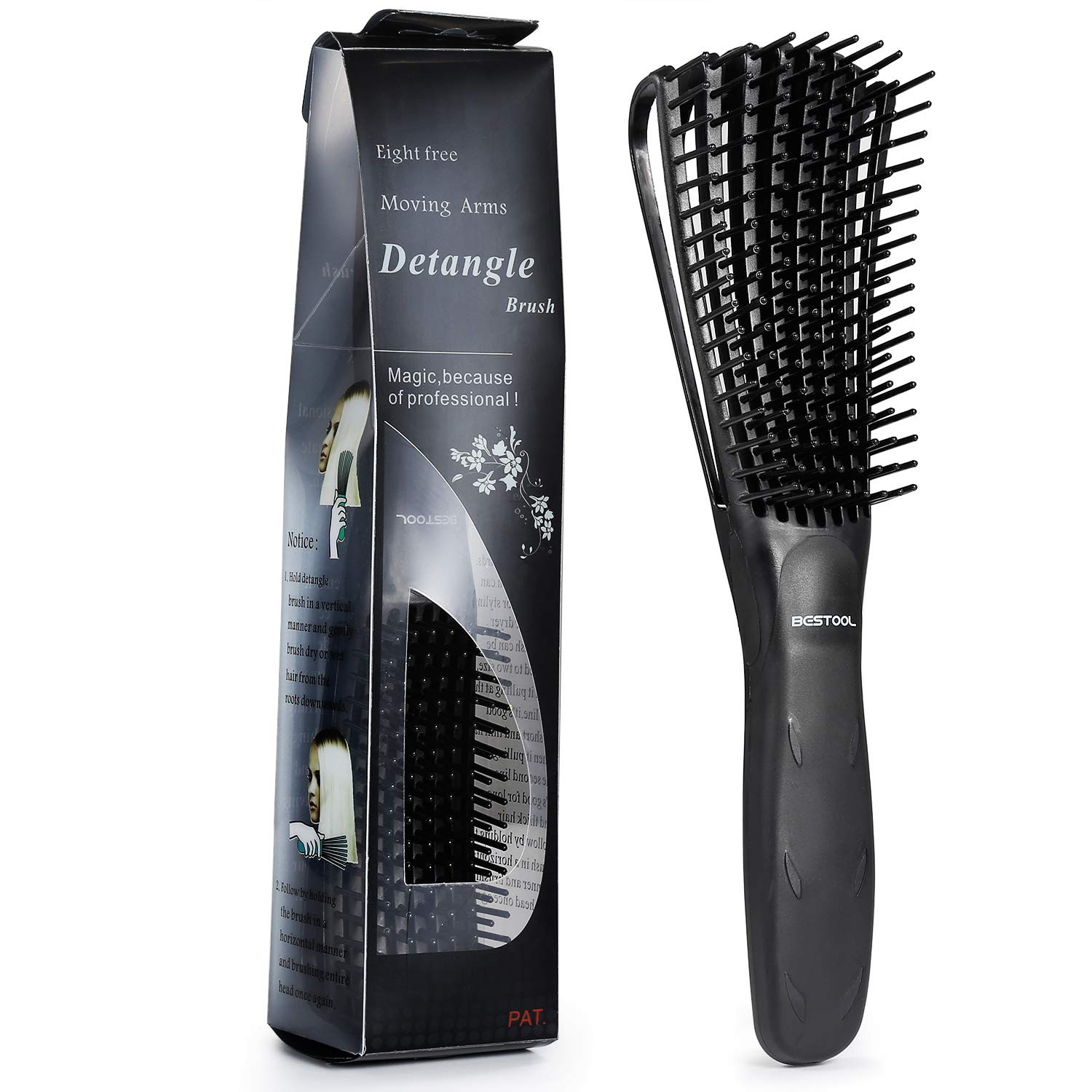 BESTOOL Detangling Brush, Detangler Brush for Natural Black/ Curly Hair Afro 3/4abc Texture, Faster n Easier Detangle Wet or Dry Hair with No Pain (Black) | Amazon (US)