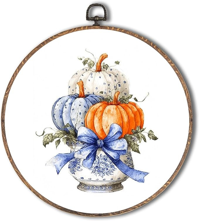 Yorhifa Chinoiserie Fall Pumpkin Framed Wall Art, Blue Coquette Bow Autumn Round Wall Art, Rustic... | Amazon (US)