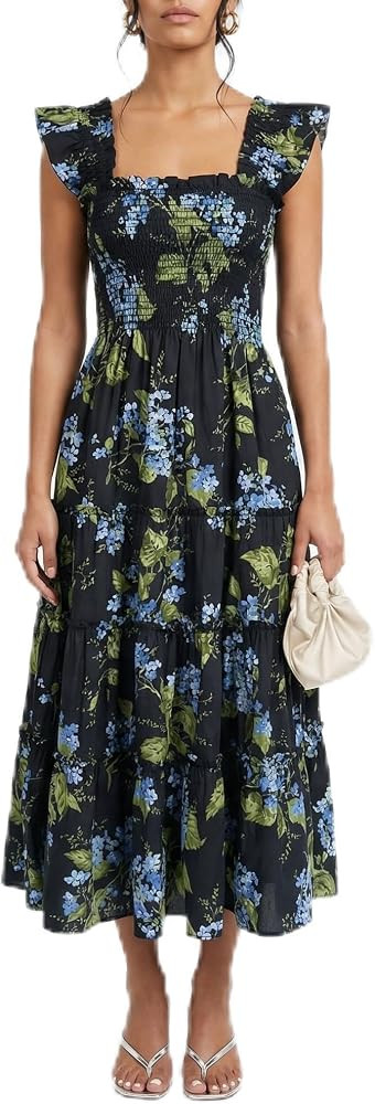 Women\u2019s Smocked Midi Dress with Ruffle Straps, Square Neck Flowy Tiered Sundress | Amazon (US)