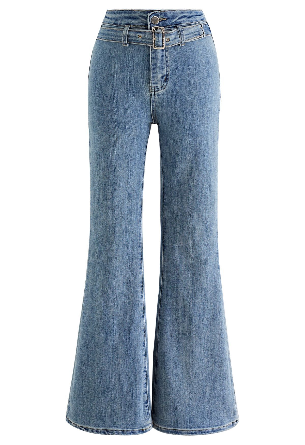 Light Wash Blue Belted Flare Jeans | Chicwish