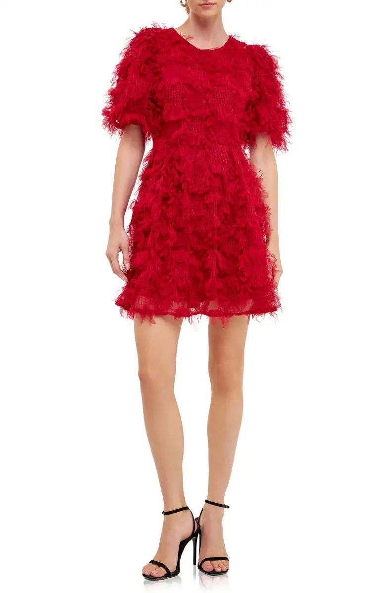 Endless Rose Feathered Mesh Puff Sleeve Minidress | Nordstrom | Nordstrom