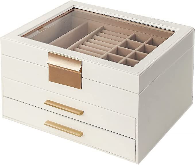 Viomir Jewelry Box with Glass Lid, 3 Layers Jewelry Organizer, 2 Drawers, Large Storage Space, Mo... | Amazon (US)