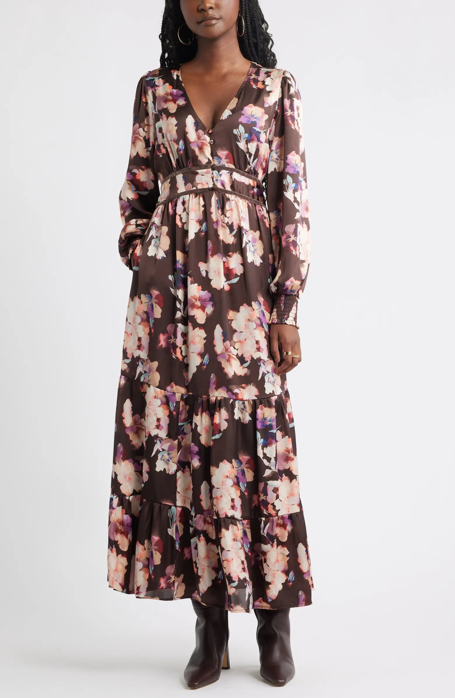 Treasure & Bond Smocked Cuff Long Sleeve Satin Maxi Dress | Nordstrom | Nordstrom